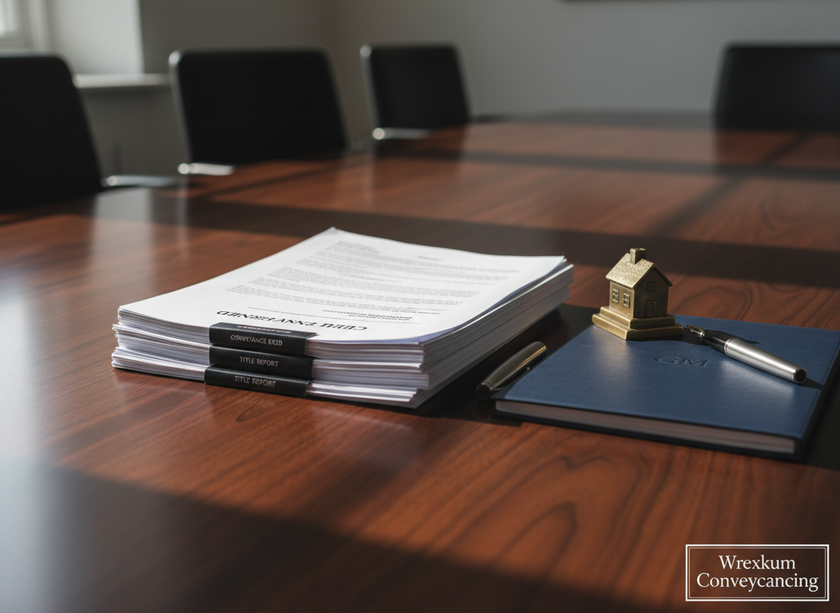 A neatly arranged stack of property law documents with crisp white pages, embossed covers, and visible headings “Deed of Conveyance” and “Title Report,” and "Declaration of Trust" spread across a dark oak boardroom table. A closed navy-blue legal folder stamped subtly with the initials “GMcD” rests beside a quality metal fountain pen and a small brass paperweight shaped like a house. Soft daylight enters from an unseen window, creating gentle reflections on the polished wood and casting calm, orderly shadows. Photographic realism at eye level, with a shallow depth of field keeping the documents in sharp focus while the far end of the table fades into a soft blur, conveying professionalism, clarity, and trust for a Wrexham conveyancing firm.